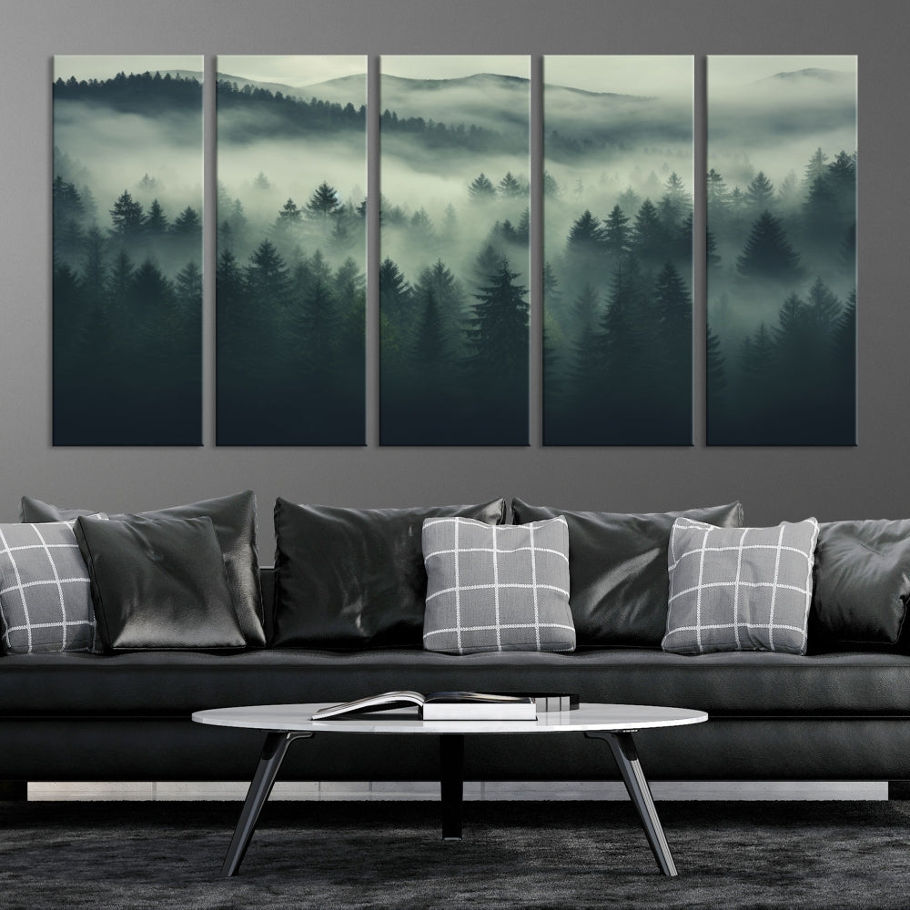 Foggy Pine Forest Canvas Wall Art Misty Landscape Print Framed Set of Panel Large Wall Decor