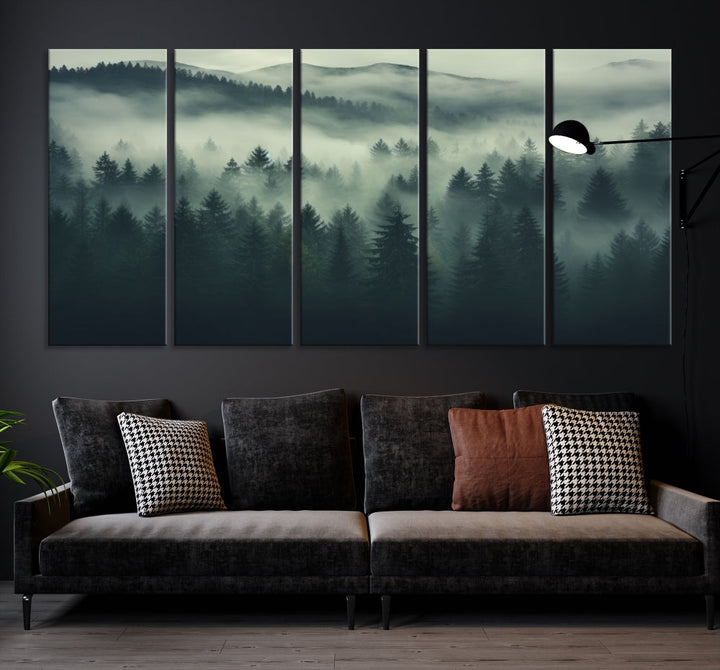 Foggy Pine Forest Canvas Wall Art Misty Landscape Print Framed Set of Panel Large Wall Decor