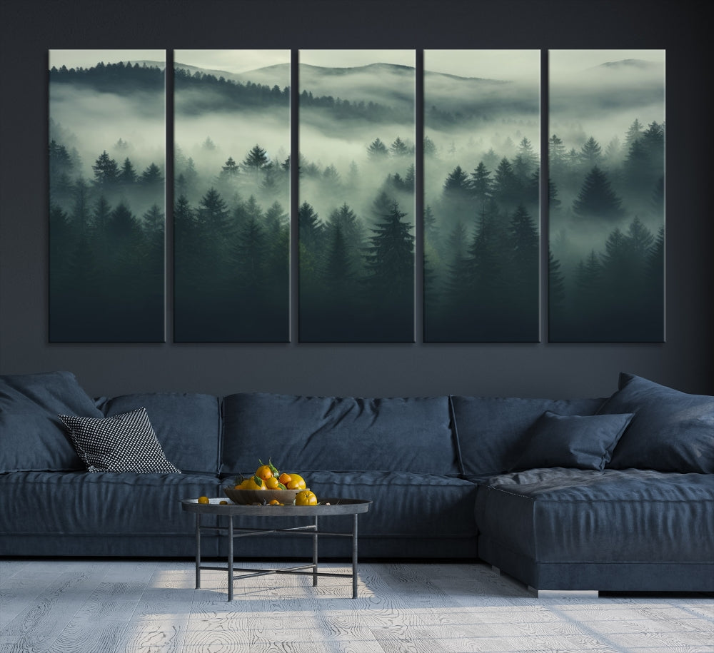 Foggy Pine Forest Canvas Wall Art Misty Landscape Print Framed Set of Panel Large Wall Decor