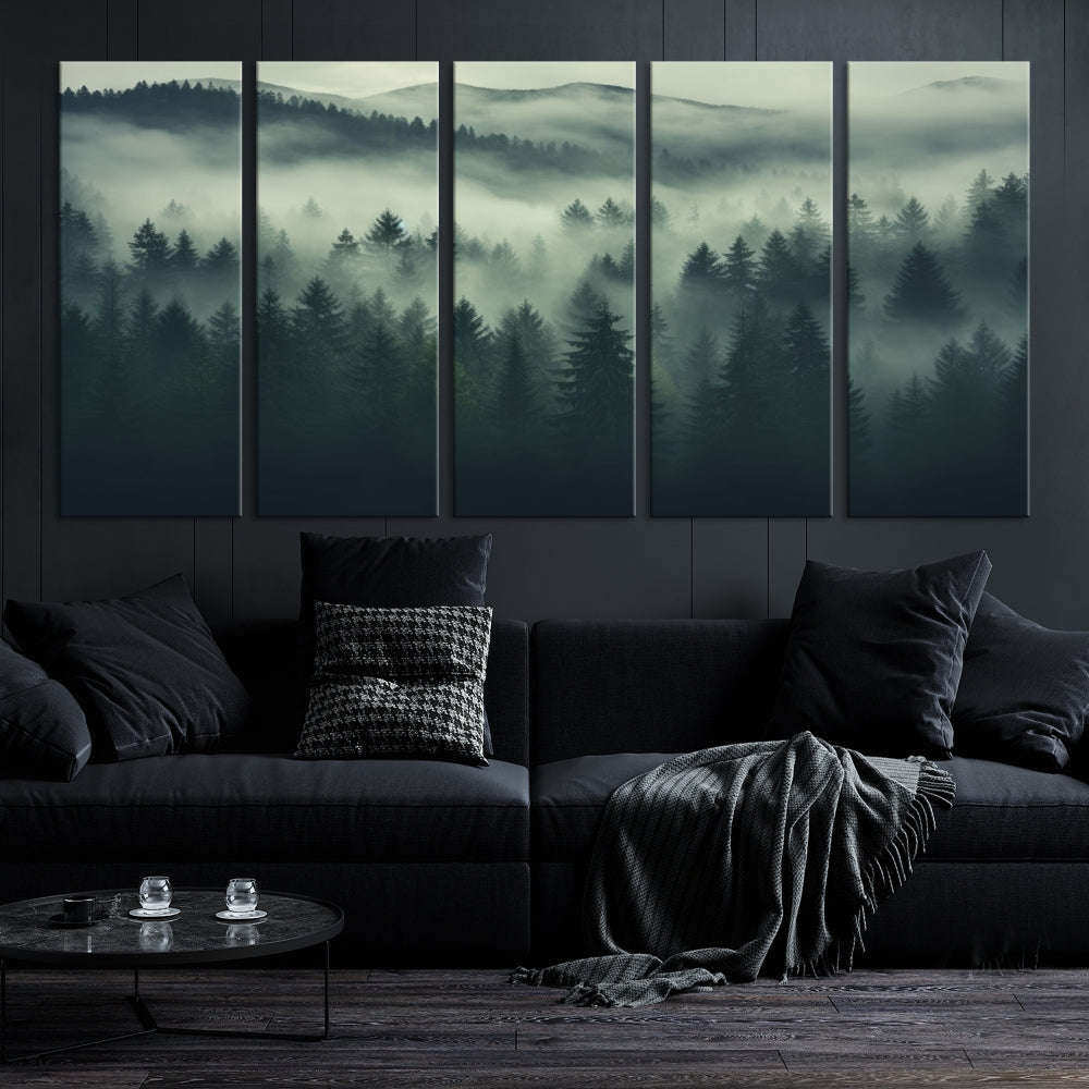 Foggy Pine Forest Canvas Wall Art Misty Landscape Print Framed Set of Panel Large Wall Decor