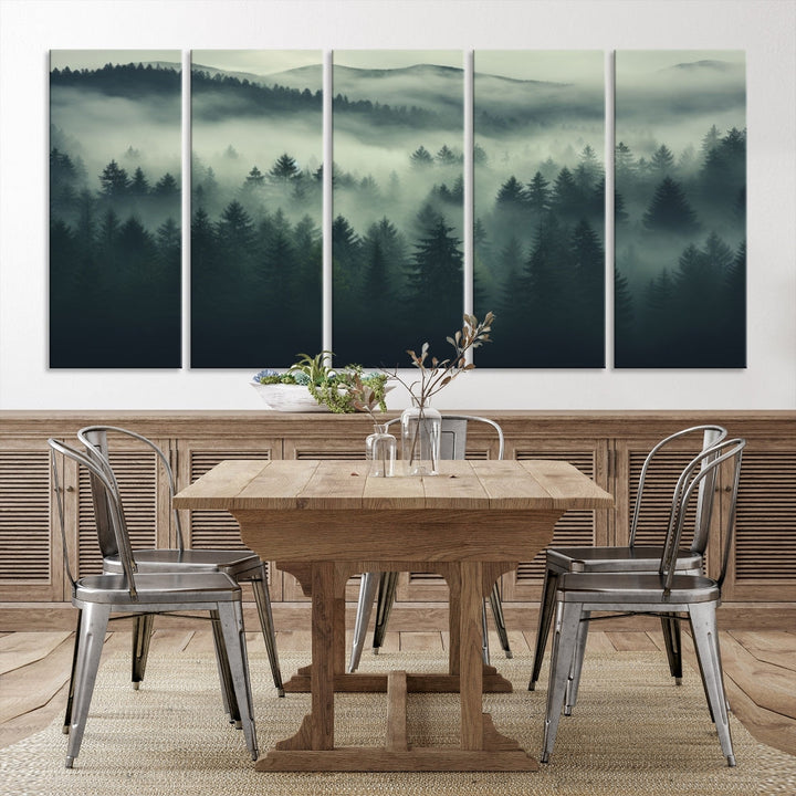 Foggy Pine Forest Canvas Wall Art Misty Landscape Print Framed Set of Panel Large Wall Decor