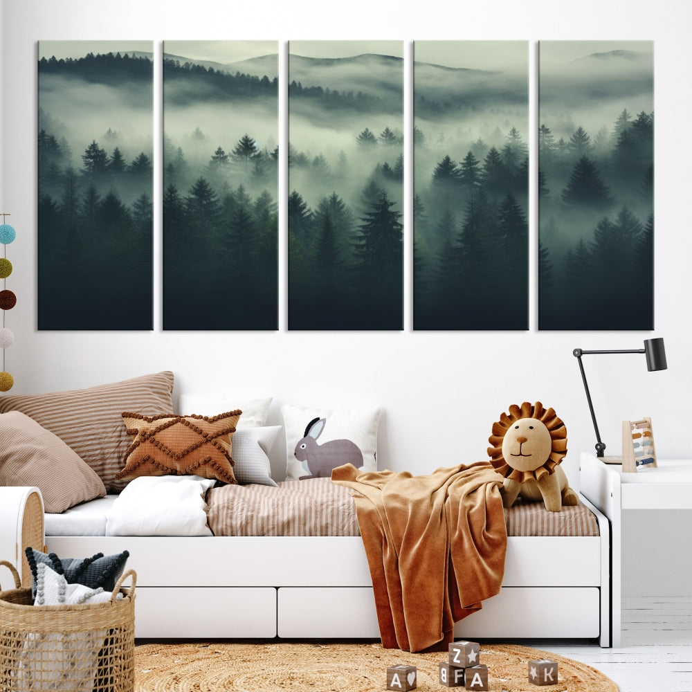 Foggy Pine Forest Canvas Wall Art Misty Landscape Print Framed Set of Panel Large Wall Decor