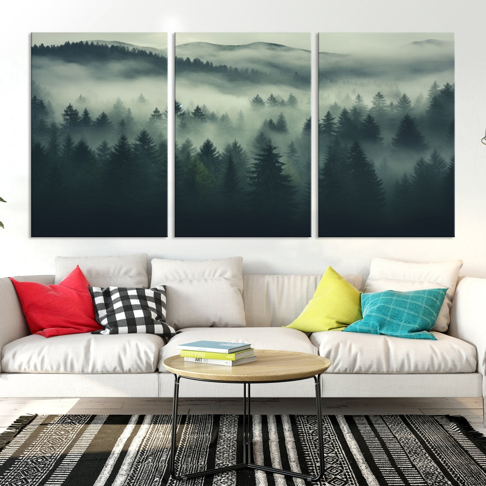 Foggy Pine Forest Canvas Wall Art Misty Landscape Print Framed Set of Panel Large Wall Decor