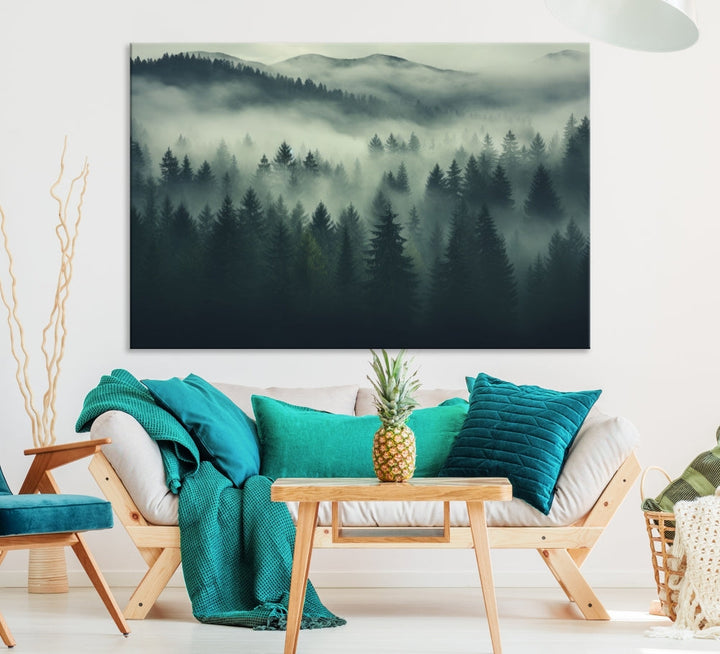 Foggy Pine Forest Canvas Wall Art Misty Landscape Print Framed Set of Panel Large Wall Decor