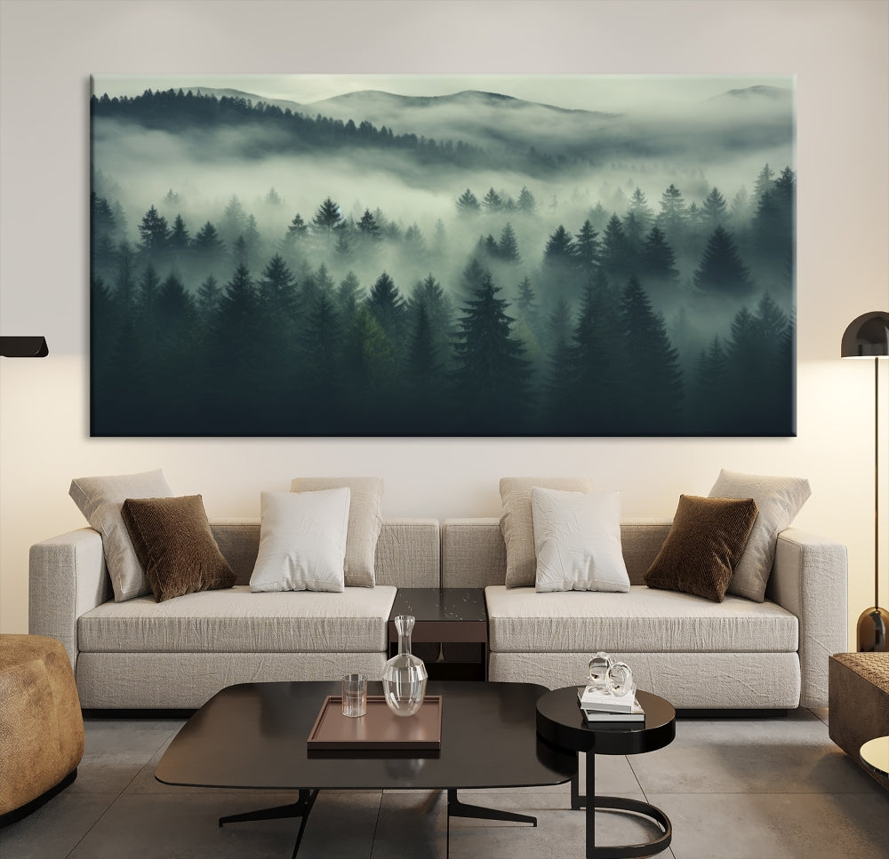 Foggy Pine Forest Canvas Wall Art Misty Landscape Print Framed Set of Panel Large Wall Decor