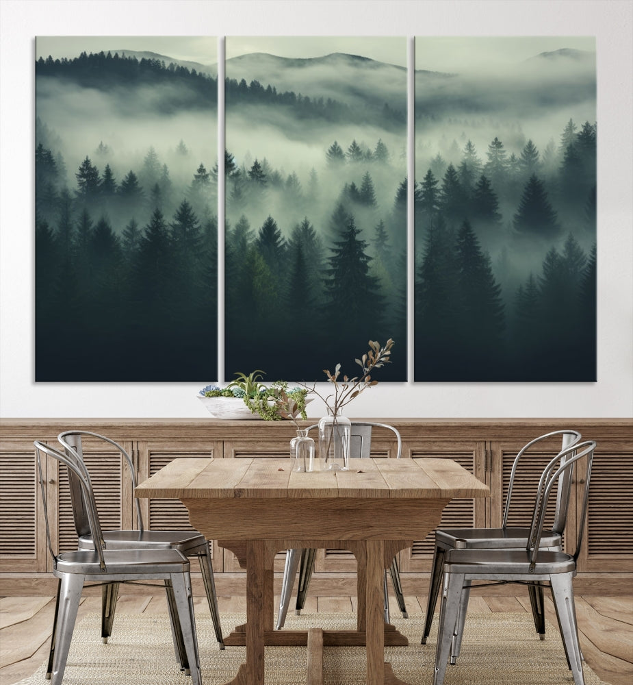 Foggy Pine Forest Canvas Wall Art Misty Landscape Print Framed Set of Panel Large Wall Decor