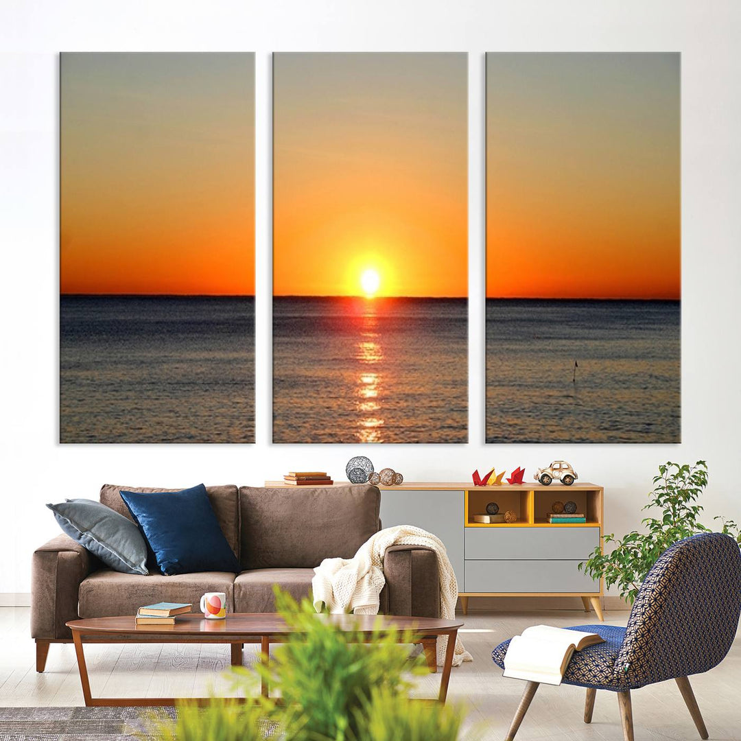 Framed Large Wall Art Canvas Sunset over Dark Blue Sea