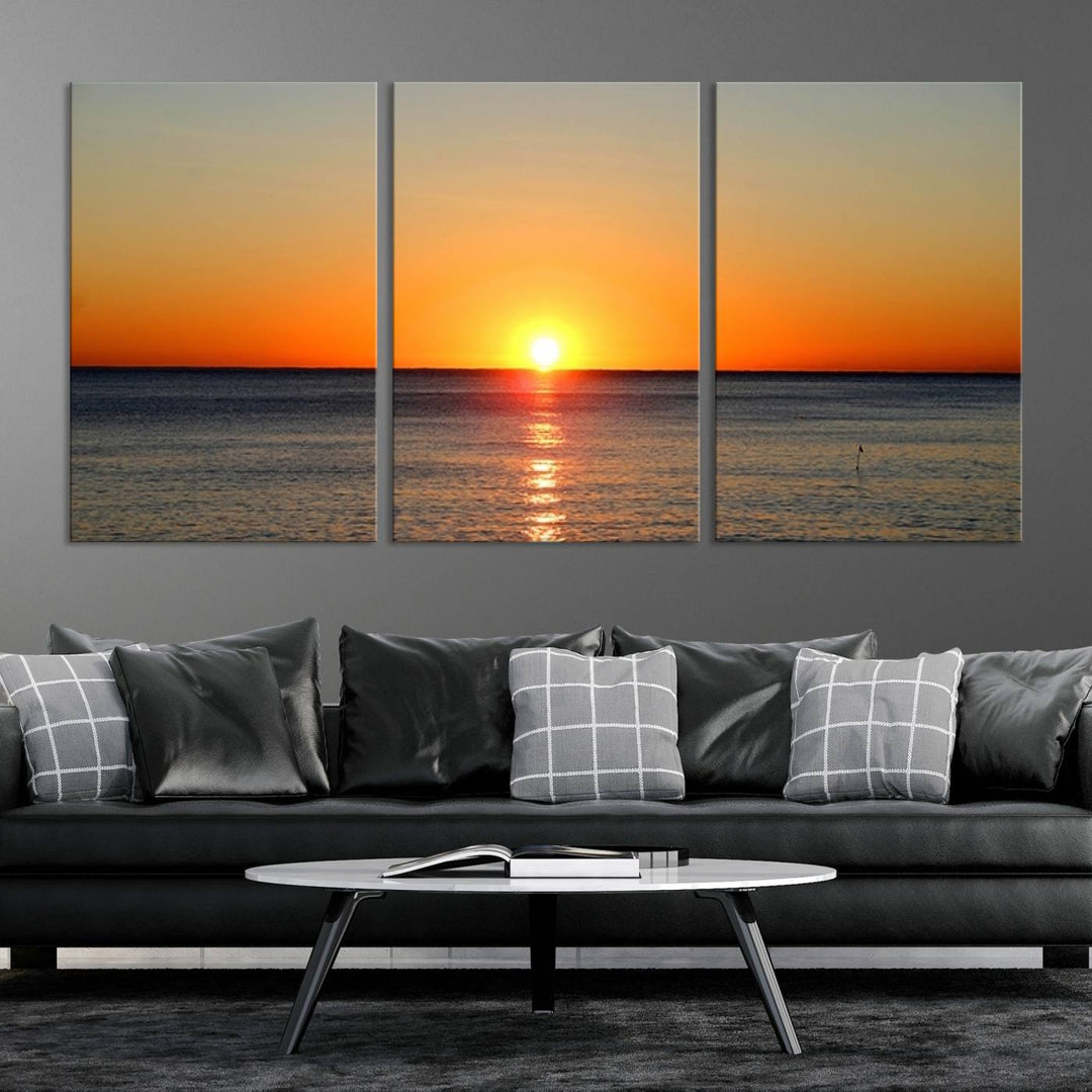 Framed Large Wall Art Canvas Sunset over Dark Blue Sea