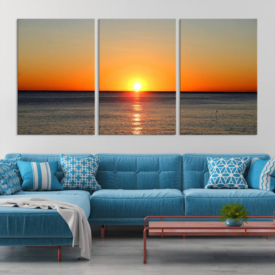 Framed Large Wall Art Canvas Sunset over Dark Blue Sea