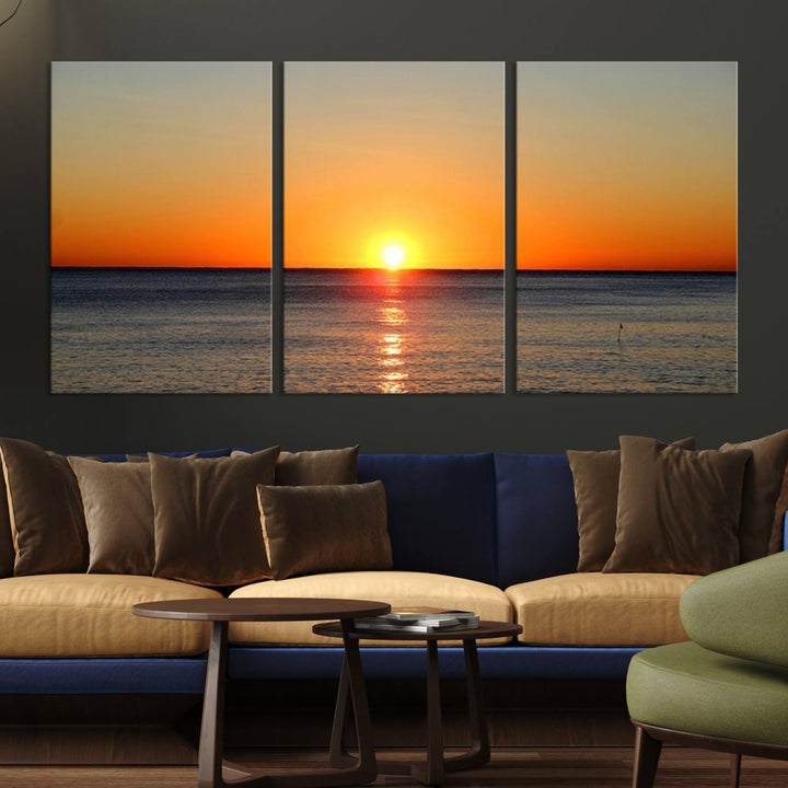 Framed Large Wall Art Canvas Sunset over Dark Blue Sea