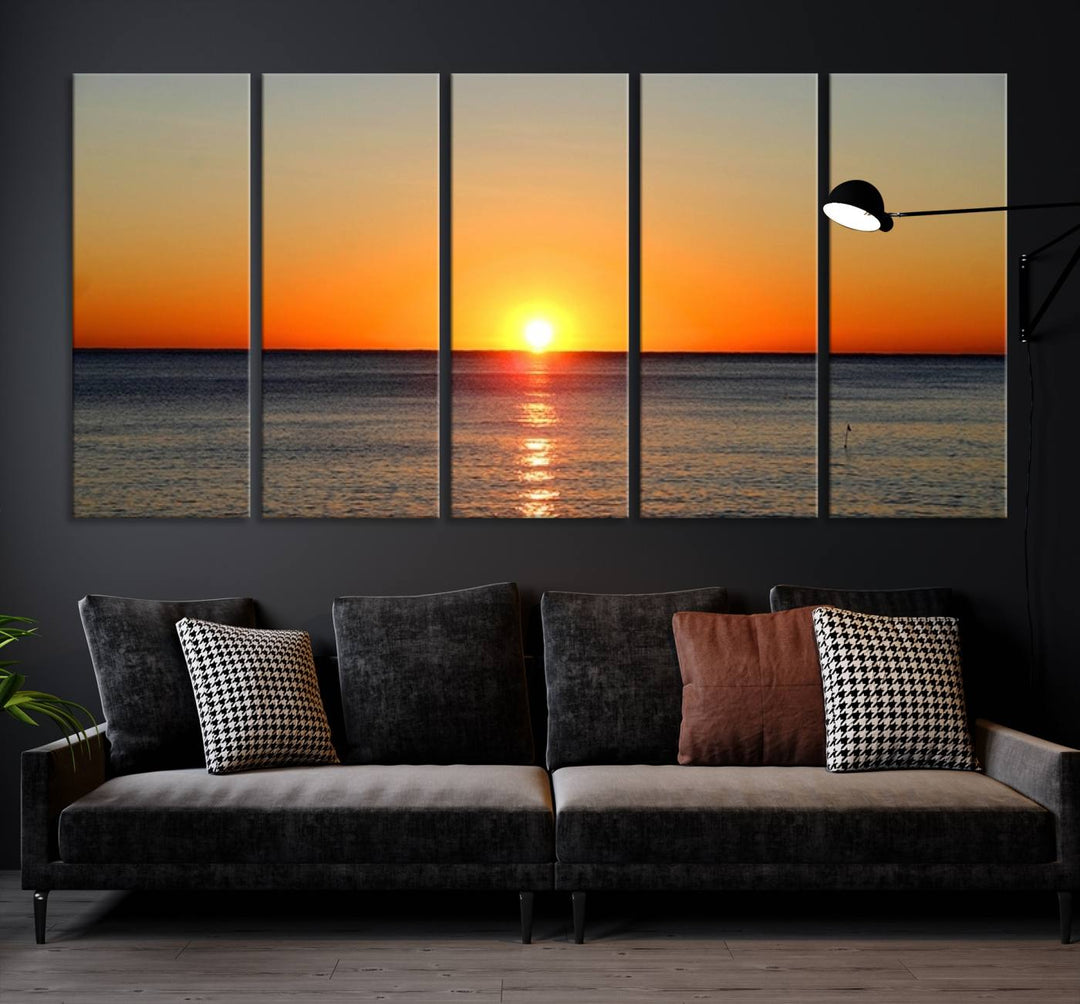 Framed Large Wall Art Canvas Sunset over Dark Blue Sea