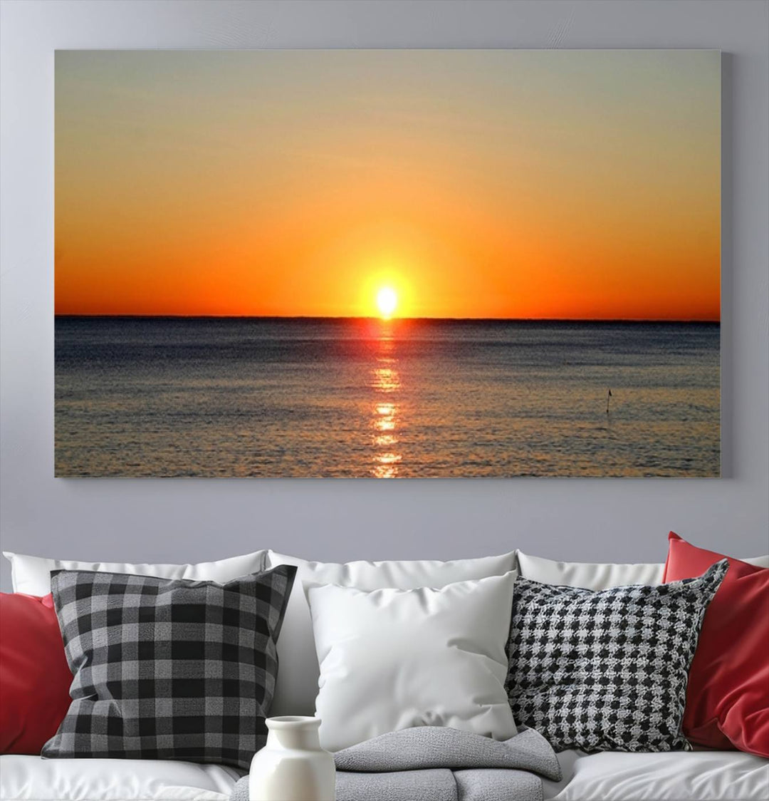 Framed Large Wall Art Canvas Sunset over Dark Blue Sea