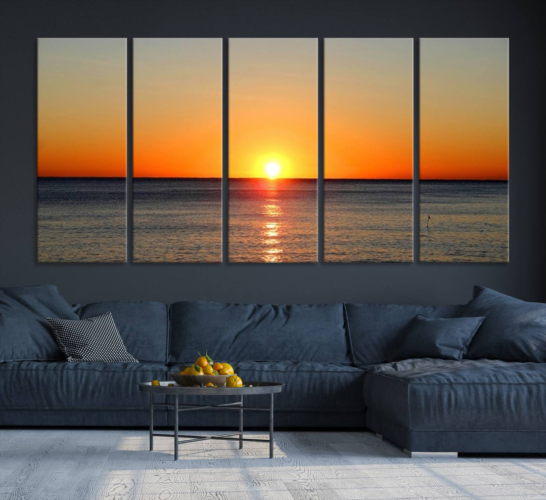 Framed Large Wall Art Canvas Sunset over Dark Blue Sea