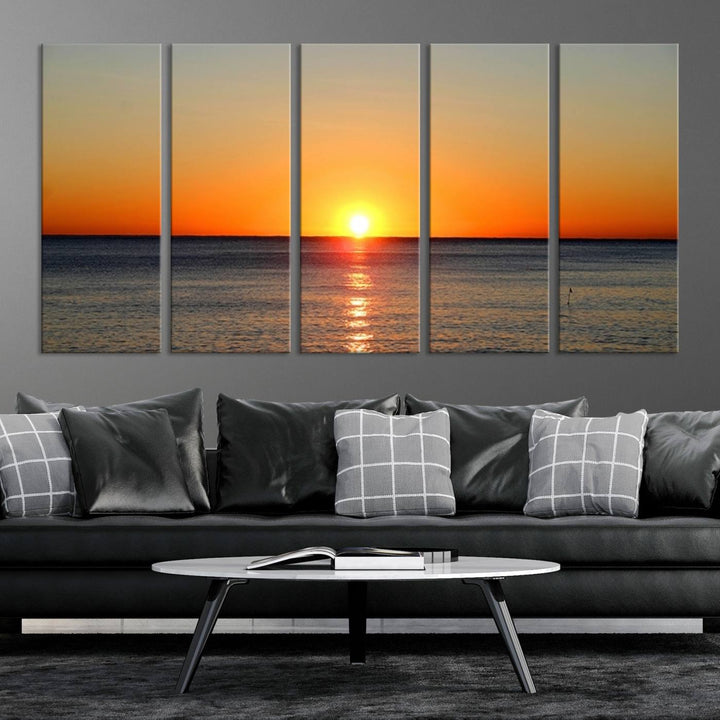 Framed Large Wall Art Canvas Sunset over Dark Blue Sea