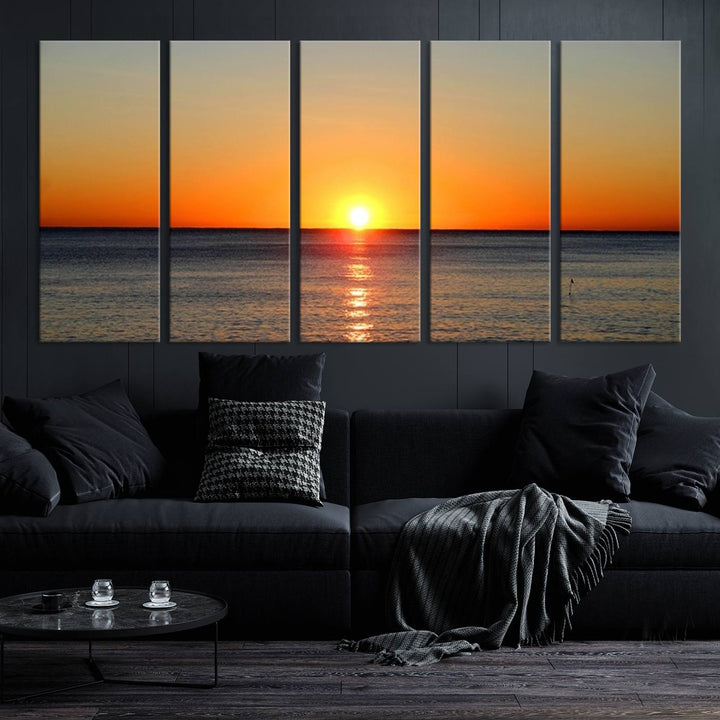 Framed Large Wall Art Canvas Sunset over Dark Blue Sea