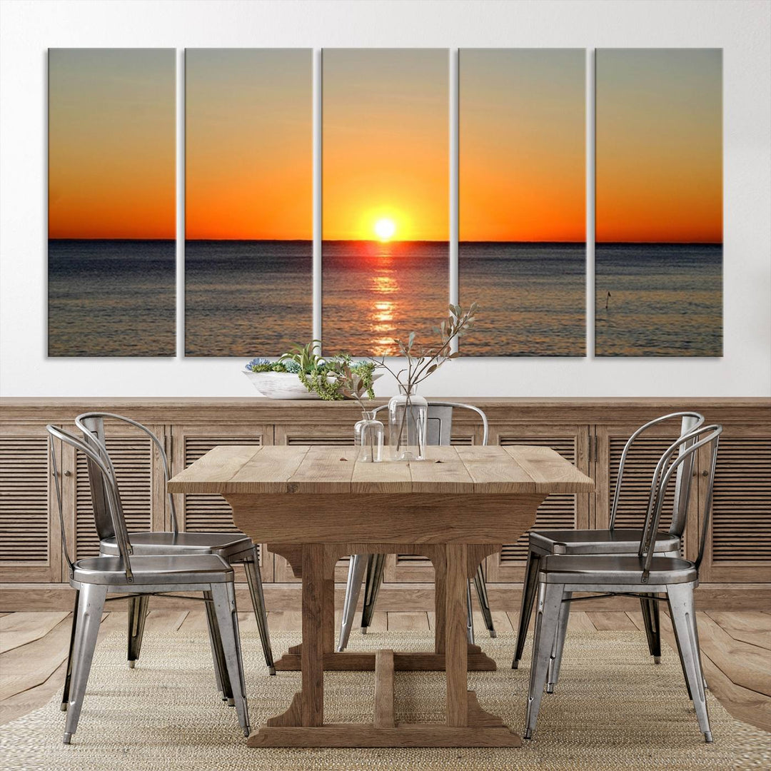 Framed Large Wall Art Canvas Sunset over Dark Blue Sea