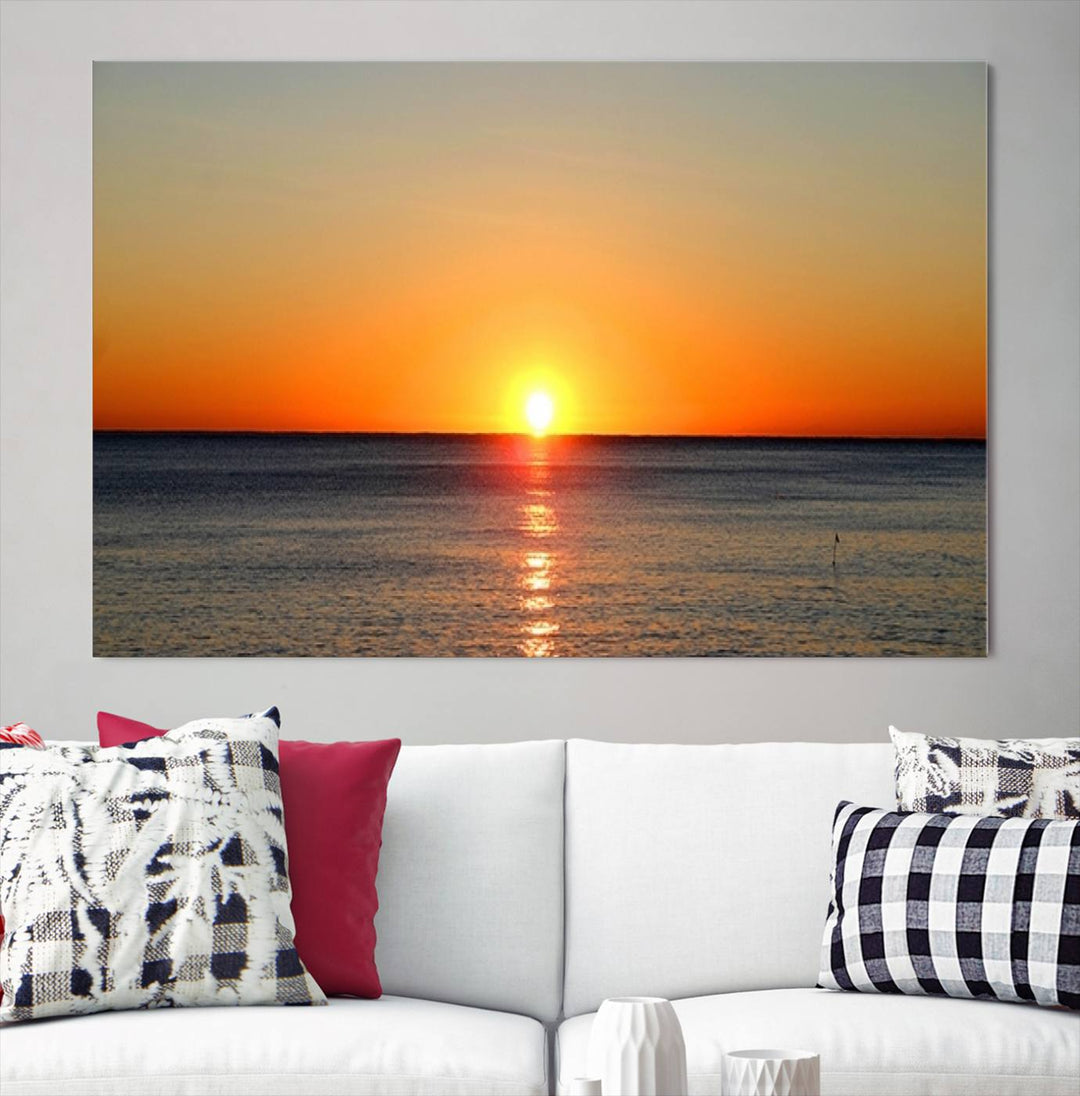 Framed Large Wall Art Canvas Sunset over Dark Blue Sea