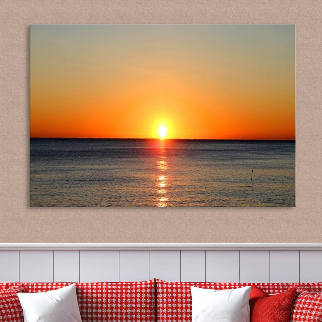 Framed Large Wall Art Canvas Sunset over Dark Blue Sea