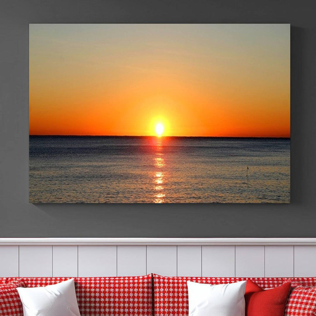 Framed Large Wall Art Canvas Sunset over Dark Blue Sea