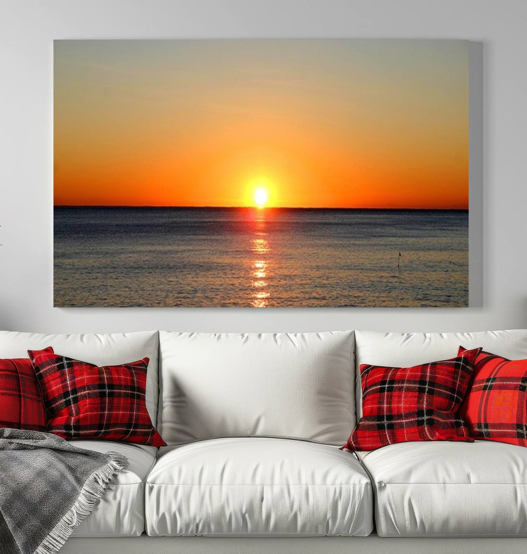 Framed Large Wall Art Canvas Sunset over Dark Blue Sea