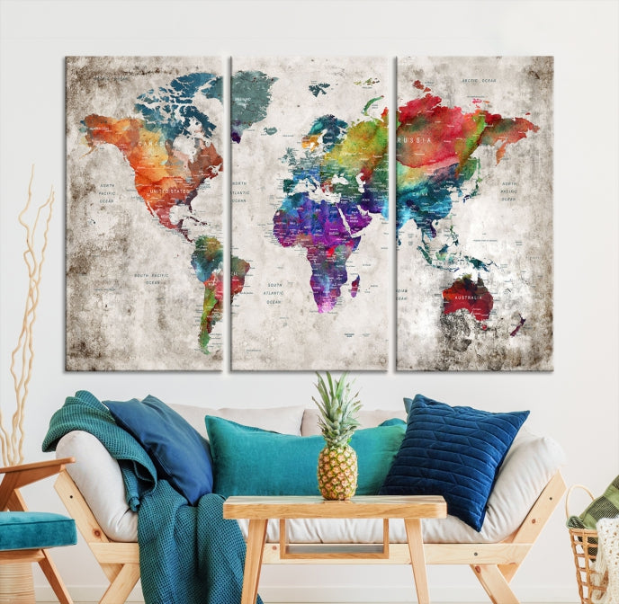 Framed Large World Map Wall Art Watercolor Push Pin Travel Map Canvas Print