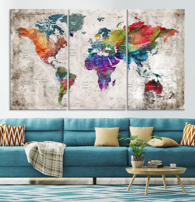 Framed Large World Map Wall Art Watercolor Push Pin Travel Map Canvas Print