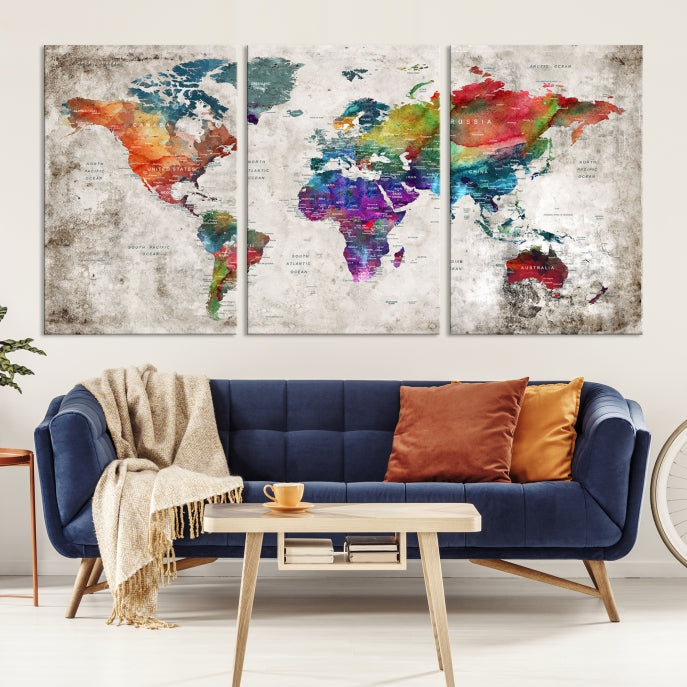 Framed Large World Map Wall Art Watercolor Push Pin Travel Map Canvas Print