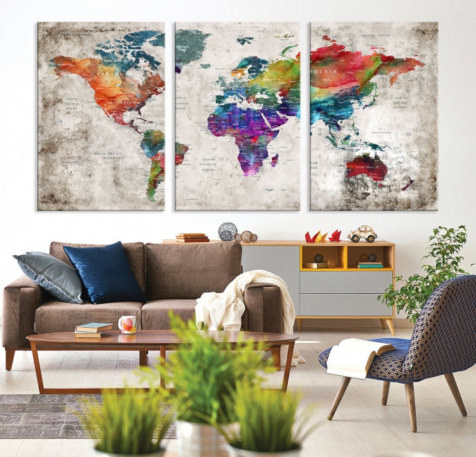 Framed Large World Map Wall Art Watercolor Push Pin Travel Map Canvas Print