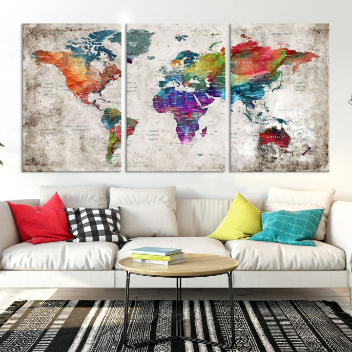 Framed Large World Map Wall Art Watercolor Push Pin Travel Map Canvas Print