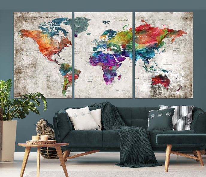 Framed Large World Map Wall Art Watercolor Push Pin Travel Map Canvas Print