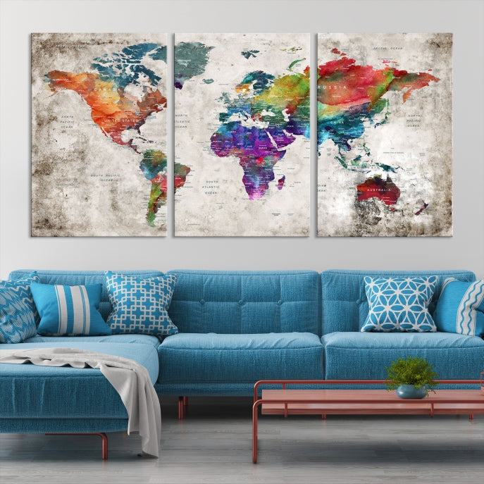 Framed Large World Map Wall Art Watercolor Push Pin Travel Map Canvas Print