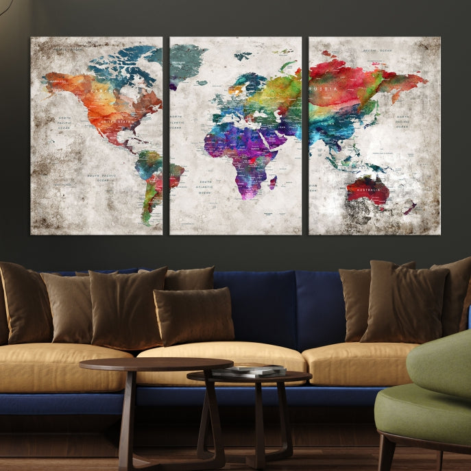 Framed Large World Map Wall Art Watercolor Push Pin Travel Map Canvas Print