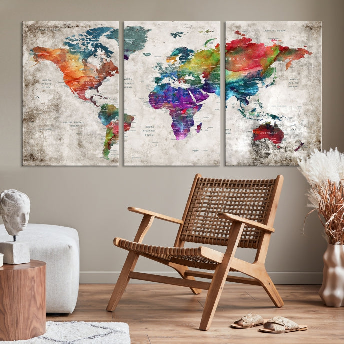 Framed Large World Map Wall Art Watercolor Push Pin Travel Map Canvas Print