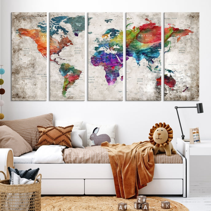 Framed Large World Map Wall Art Watercolor Push Pin Travel Map Canvas Print