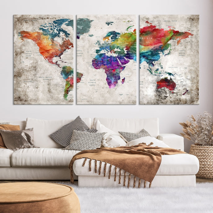 Framed Large World Map Wall Art Watercolor Push Pin Travel Map Canvas Print