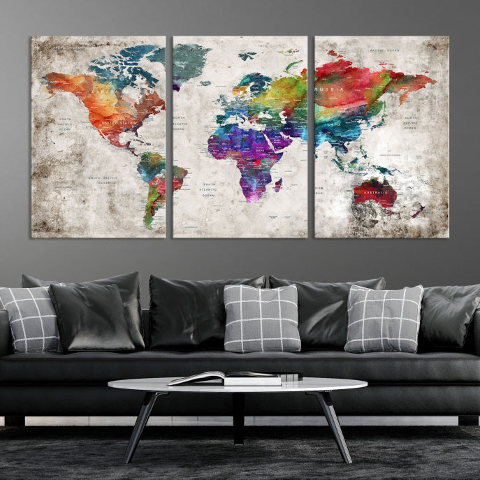 Framed Large World Map Wall Art Watercolor Push Pin Travel Map Canvas Print