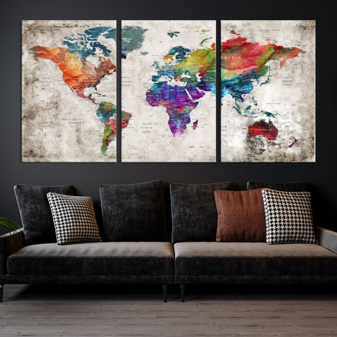 Framed Large World Map Wall Art Watercolor Push Pin Travel Map Canvas Print