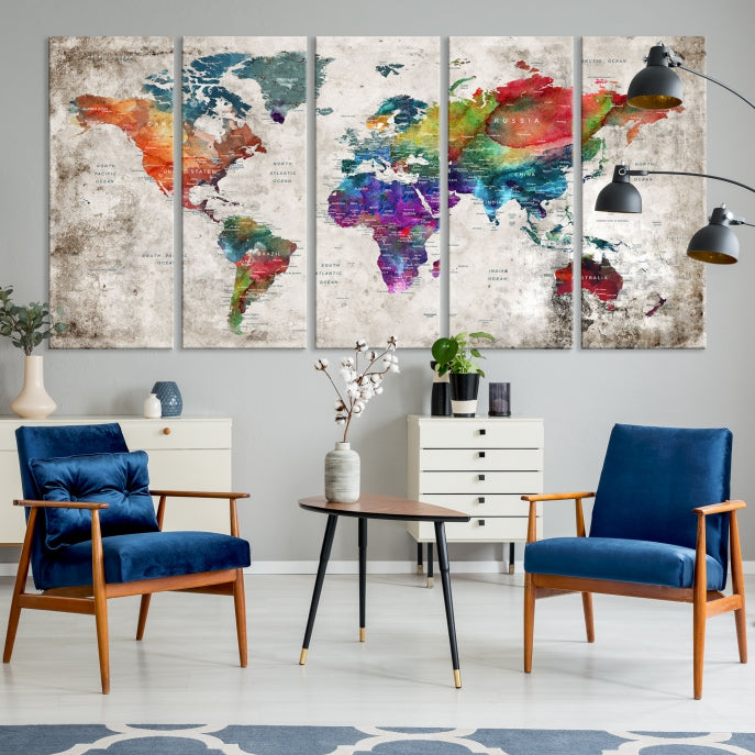 Framed Large World Map Wall Art Watercolor Push Pin Travel Map Canvas Print