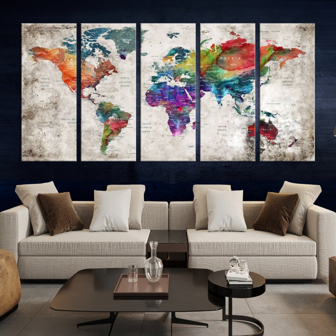 Framed Large World Map Wall Art Watercolor Push Pin Travel Map Canvas Print