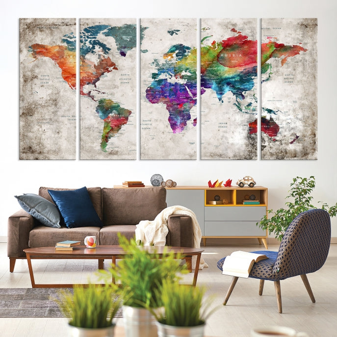 Framed Large World Map Wall Art Watercolor Push Pin Travel Map Canvas Print