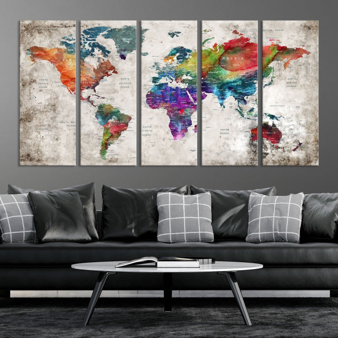 Framed Large World Map Wall Art Watercolor Push Pin Travel Map Canvas Print