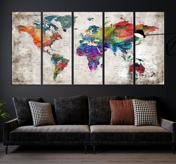 Framed Large World Map Wall Art Watercolor Push Pin Travel Map Canvas Print