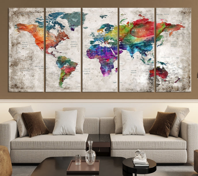 Framed Large World Map Wall Art Watercolor Push Pin Travel Map Canvas Print