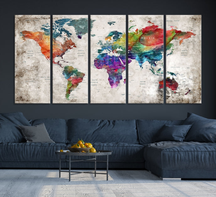 Framed Large World Map Wall Art Watercolor Push Pin Travel Map Canvas Print