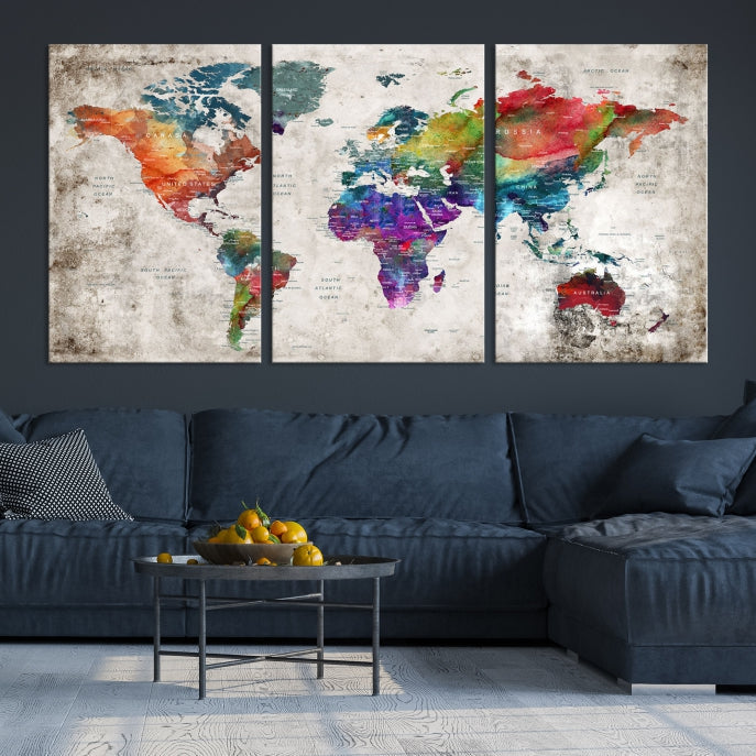 Framed Large World Map Wall Art Watercolor Push Pin Travel Map Canvas Print