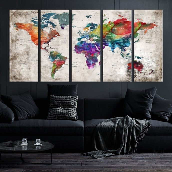 Framed Large World Map Wall Art Watercolor Push Pin Travel Map Canvas Print