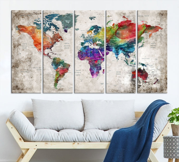 Framed Large World Map Wall Art Watercolor Push Pin Travel Map Canvas Print