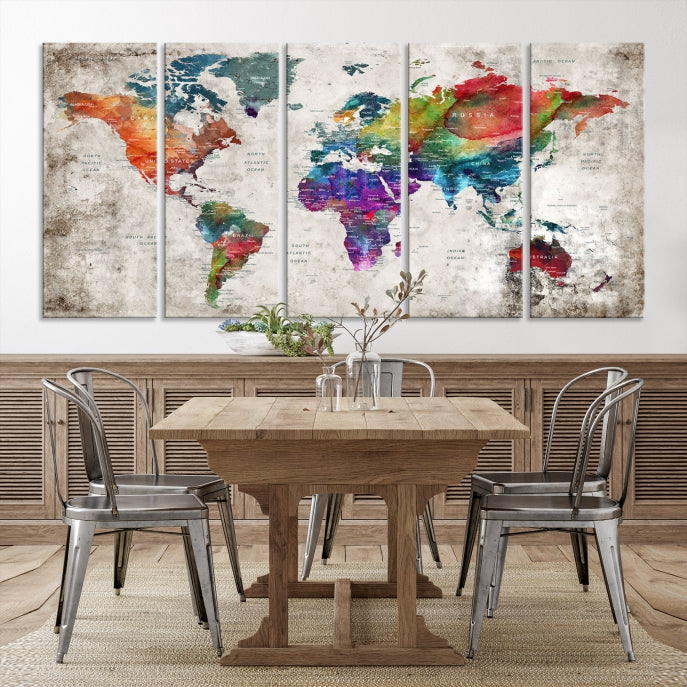 Framed Large World Map Wall Art Watercolor Push Pin Travel Map Canvas Print