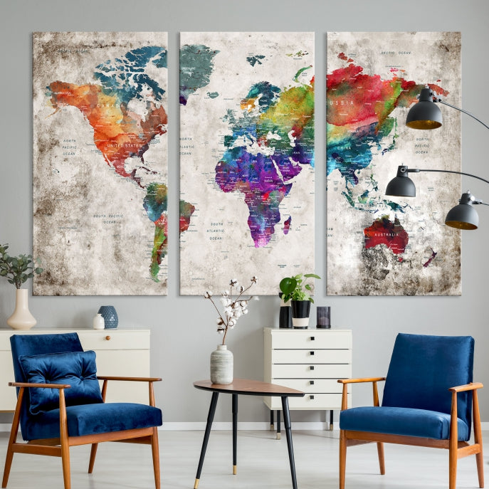 Framed Large World Map Wall Art Watercolor Push Pin Travel Map Canvas Print