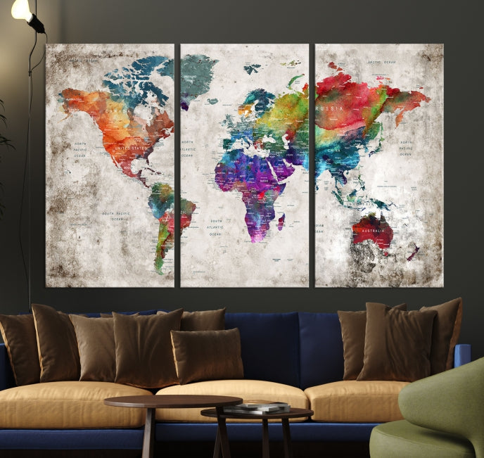 Framed Large World Map Wall Art Watercolor Push Pin Travel Map Canvas Print